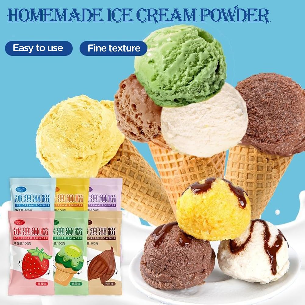 DAMAICHUHAI Préparation pour Glace, Poudre pour Crème Glacée Maison - Kit de 6 Sachets de 100g avec 6 Saveurs Variées (Chocolat, Fraise, Matcha, Taro, Vanille, Cacao) - Idée Cadeau, Facile et Rapide