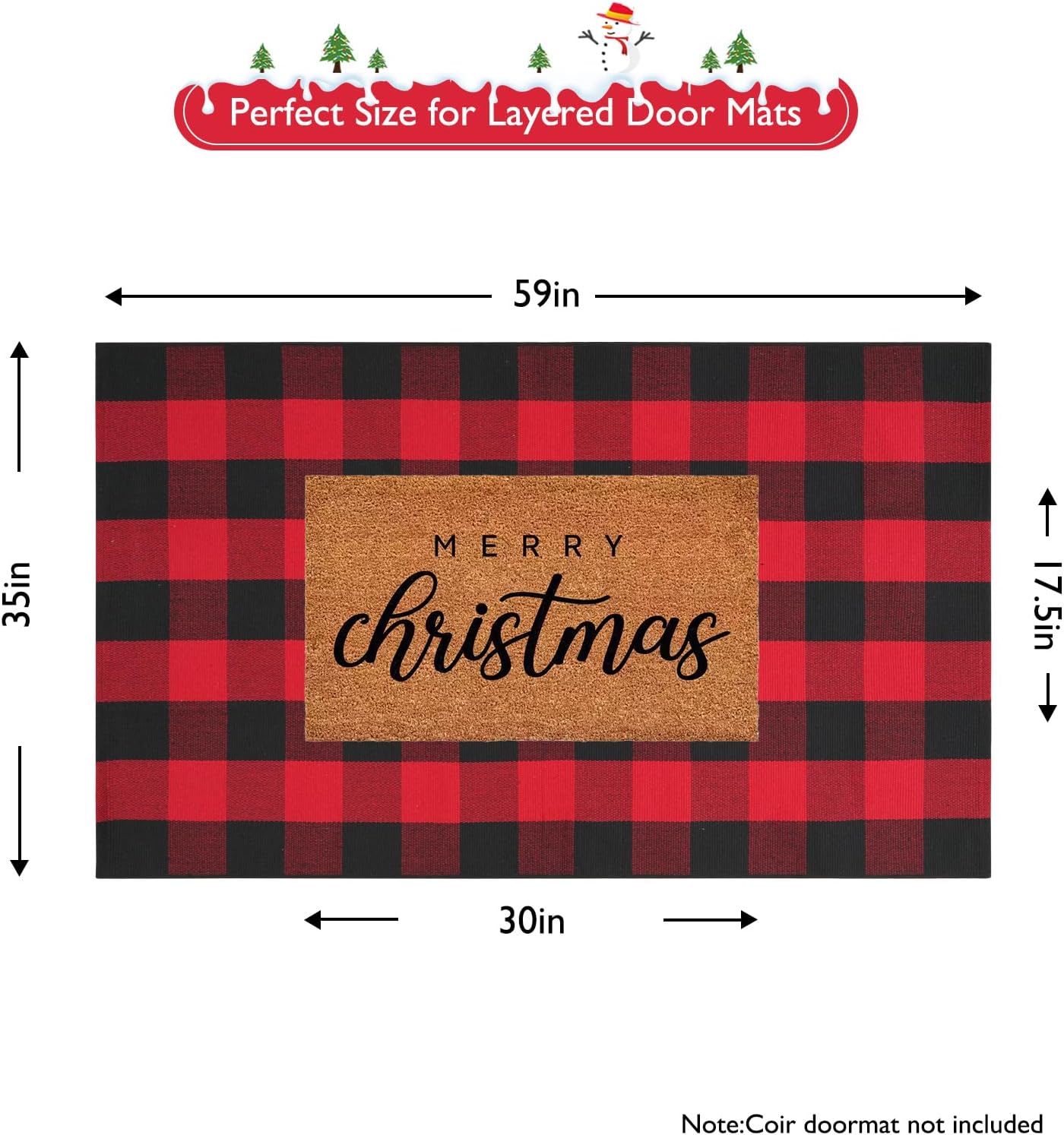 Christmas Door Mat Outdoor 35"x59", Red/Black Buffalo Plaid Front Porch Rug Cotton Hand-Woven Washable Layered Door Mats,Reversible Checkered Floor Rugs for Home Decor Outside