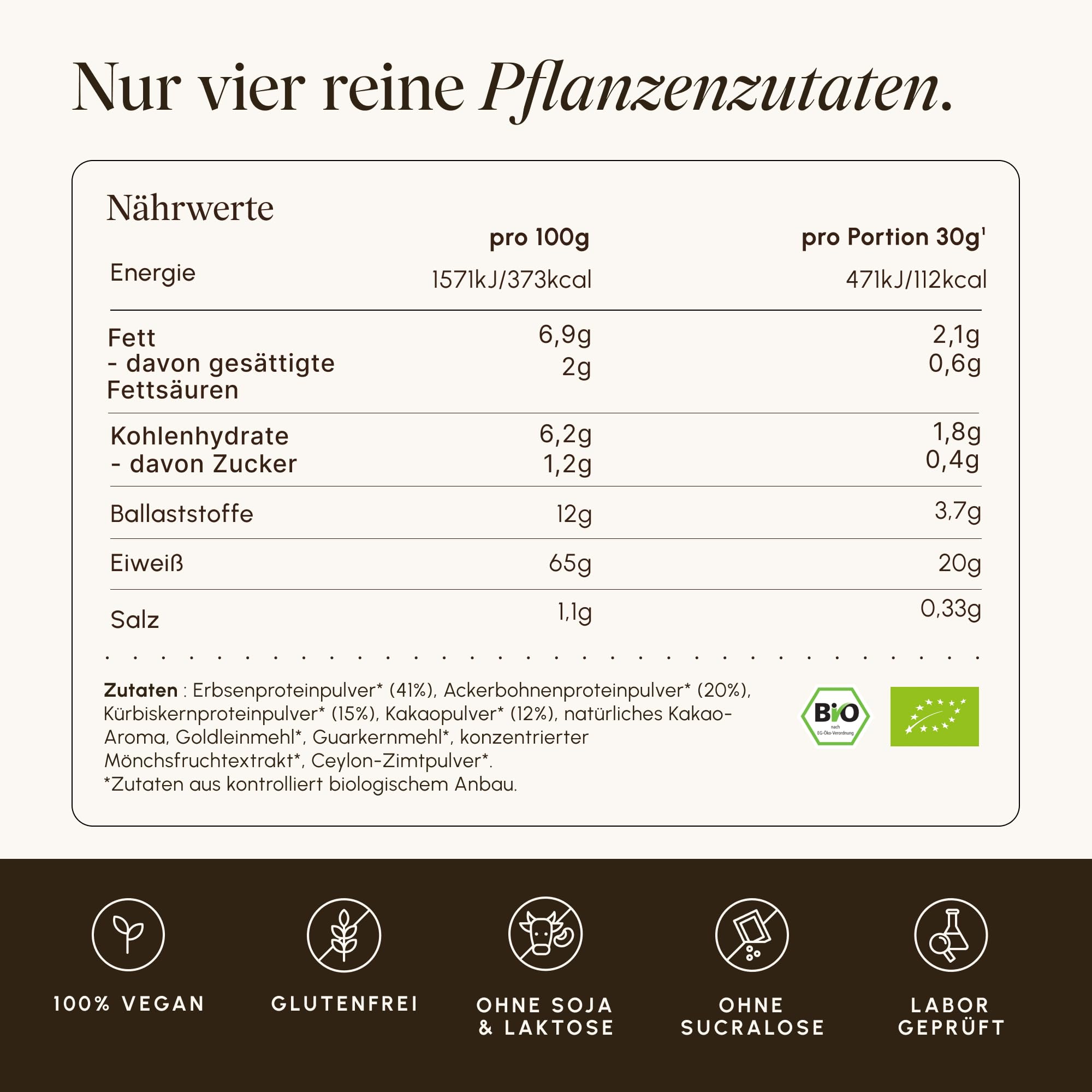 VETAIN Proteinpulver Vegan Kakao - 20g Eiweiß - Ohne künstliche Süßungsmittel - Bio Protein Pulver - 4 Proteinquellen fermentiert Erbsen - Vollständiges EAA & BCAA - 540g - NEUE REZEPTUR