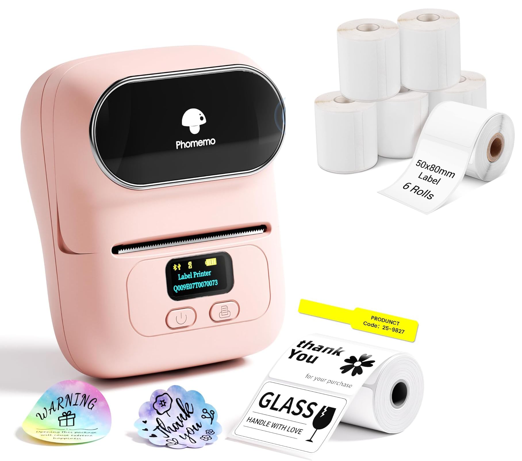Phomemo M110 Etiquetadora con 7 Rollos de Etiquetas, Impresora de Etiquetas Adhesivas Bluetooth térmica portátil, para Uso en oficinas, códigos de Barras, pequeñas Empresas, Tiendas