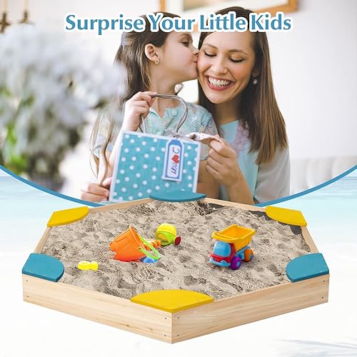 Miniatura 5 de Costzon Caja de arena para niños, caja de arena hexagonal grande de madera de cedro con 6 asientos esquineros integrados, estación de arena de