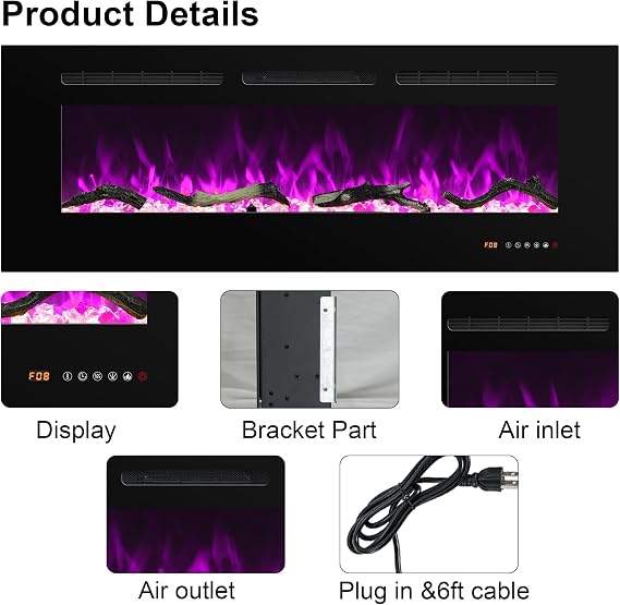 76cm Electric Fireplace Insert, Wall Mounted Fireplace Heater, 13 * 13 Flame Effects, Realistic Logs Ember Bed, Adjustable Thermostat & Timer, 1500W, Black(30)