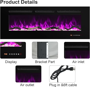 76cm Electric Fireplace Insert, Wall Mounted Fireplace Heater, 13 * 13 Flame Effects, Realistic Logs Ember Bed, Adjustable Thermostat & Timer, 1500W, Black(30)