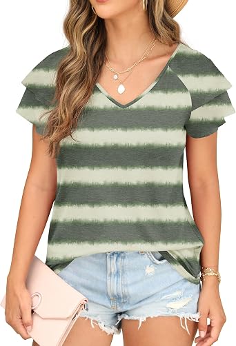 FREEOAK Womens Summer Tops Ruffle Sleeve with Lace Short Sleeve V Neck Shirts Casual Loose Fit T-shirts