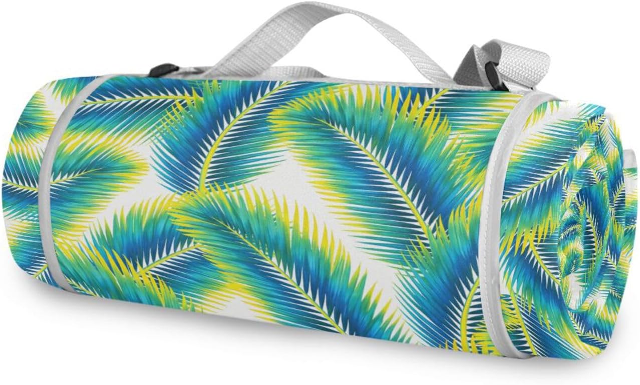 Round Picnic Accessories - Fits 2 Adults, Summer Accessories Packable Beach Picnic Dual Layer, Sand-Free, Soft Throw Rug 58 in (Summer Beach Leaves)