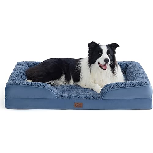 Bedsure Orthopedic Dog Beds Large Sized Dog - Washable Large Dog Cat Bed Waterproof, Comfort Dogs Couch Sofa with Washable Removable Cover, Pet Bed with Nonskid Bottom, Plush-Blue, 35"