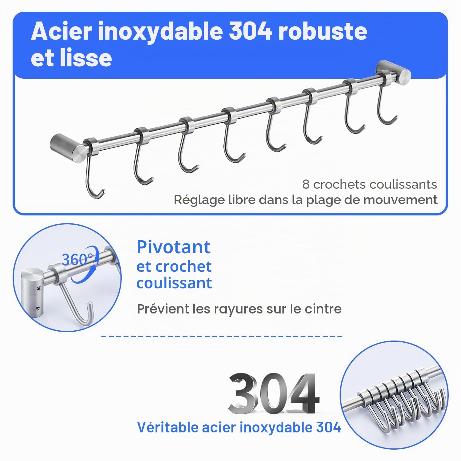 Rack suspendu à vaisselle avec 8 crochets amovibles - Rail de cuisine - En acier inoxydable - Fixation murale - Manteau - Chapeau - Bar - Organiseur pour outils suspendus, couteaux
