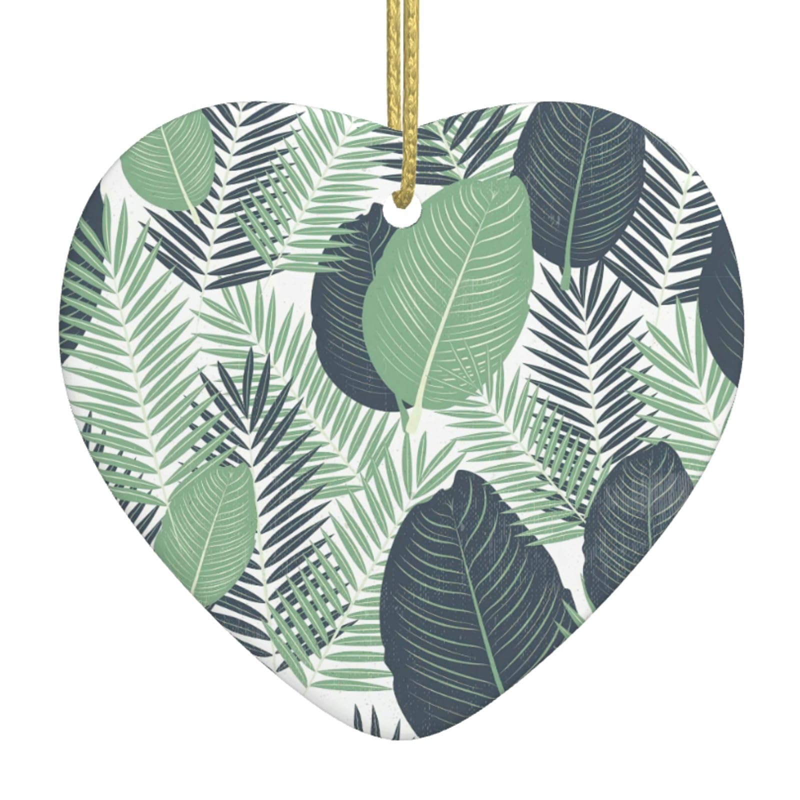 Nbtghga White Green Tropical Leaves Print Christmas Ornaments, Ceramic Hanging Ornament, Xmas Tree Decoration, Holiday Home Decor