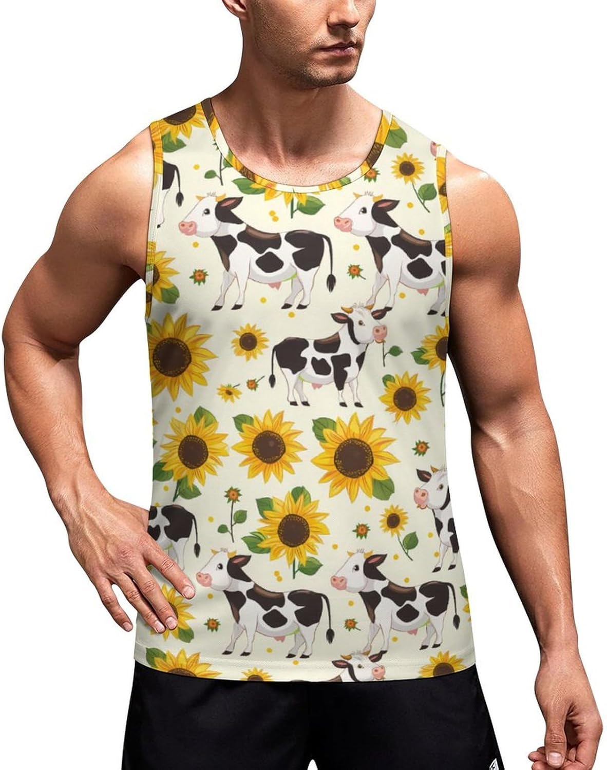 Cow with Sunflower Men's Tank Top Sleeveless Muscle Shirts Vest Beach T Shirts for Workout Gym