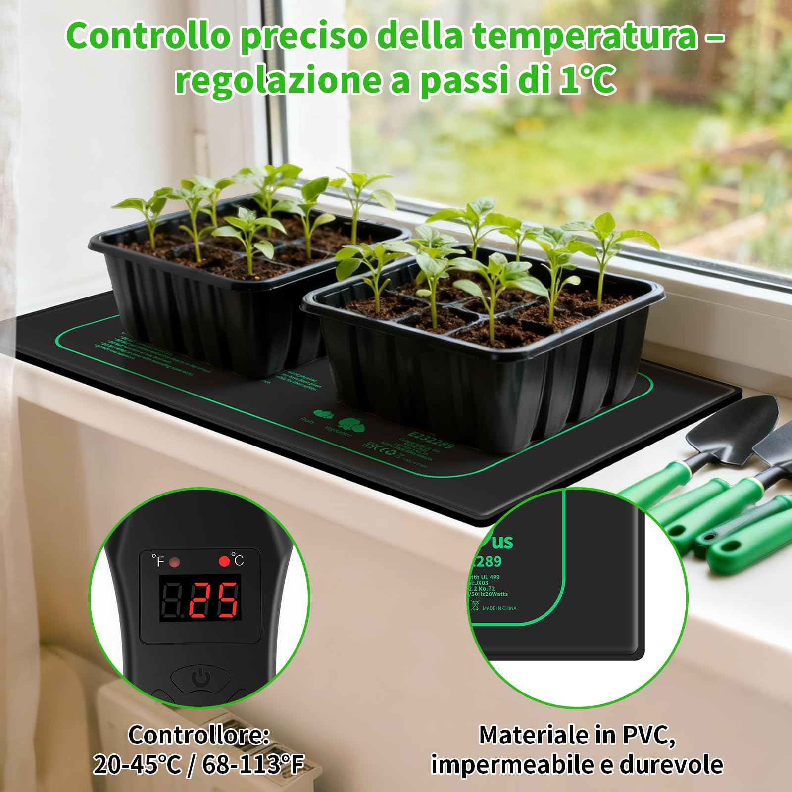 Tappeto Riscaldante, 2 Pezzi 30W con 1 Controllore, Tappetino Riscaldante Regolabile 20–45°C, Impermeabile IP67 e Durevole, Dimensione 20×10 inch, per Germinazione Semi e Rettili