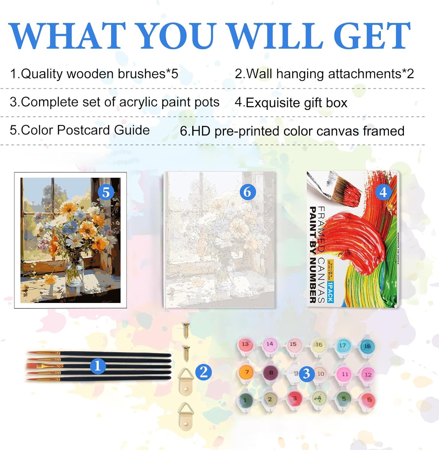 PRASIO Framed Paint by Numbers Kit for Adults Beginner, Flowers Adult Paint by Number Kits on Canvas Framed, DIY Acrylic Watercolor Oil Paint by Numbers with Frame for Gift Home Decor 16x20 Inch