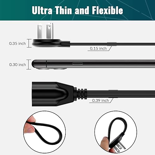 Miniatura 2 de Elecan Cable de extensión de enchufe plano de 2 pies, paquete de 2 con diseño de enchufe delgado que ahorra espacio, cable plano delgado de bajo