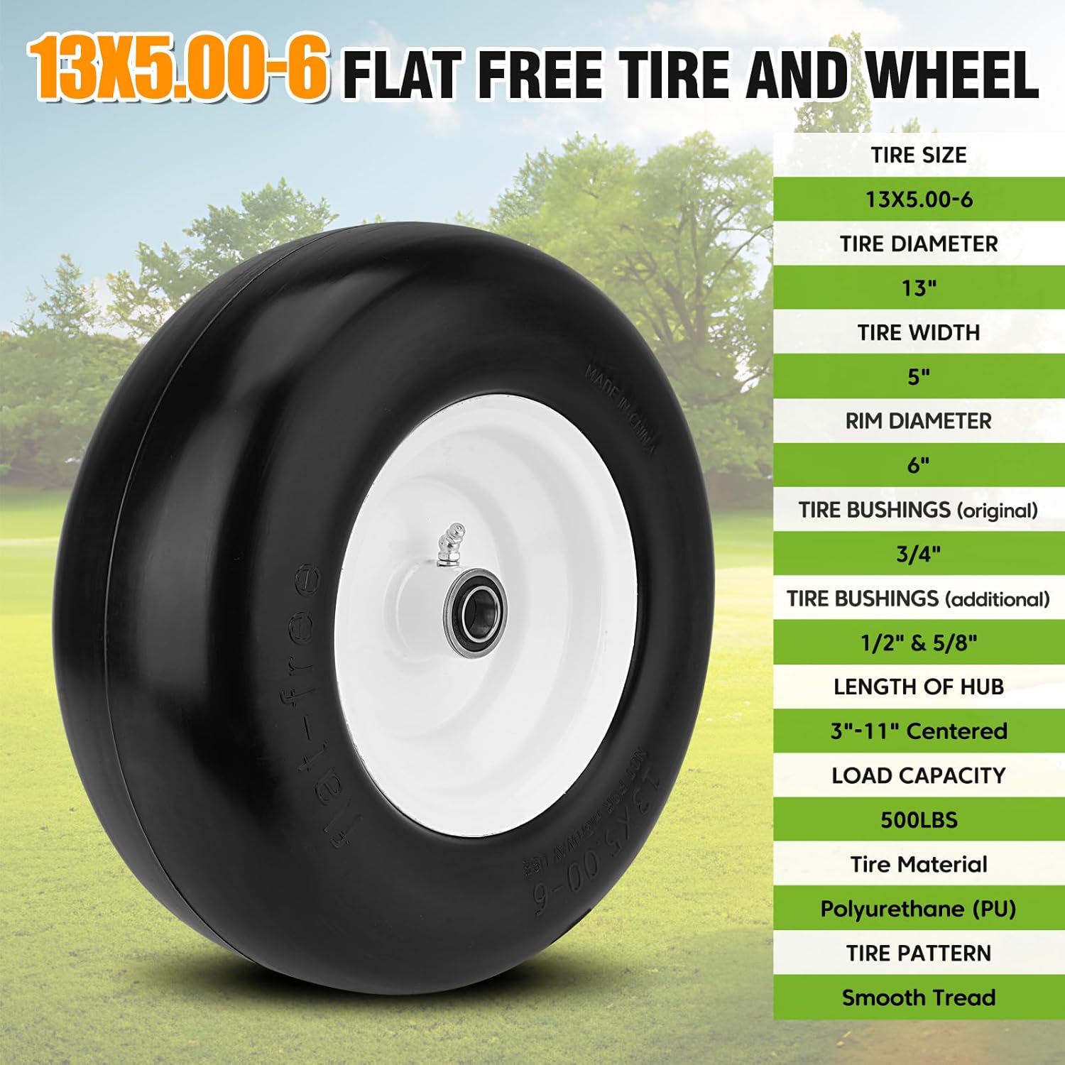 2PCS 13x5.00-6 Flat Free Tire and Wheel with 1/2" & 3/4" & 5/8" Precision Bearings and 3"-11" Centered Hub, White Front Zero-Turn Smooth Tire Replacement for Riding Lawn Mowers Garden Tractor