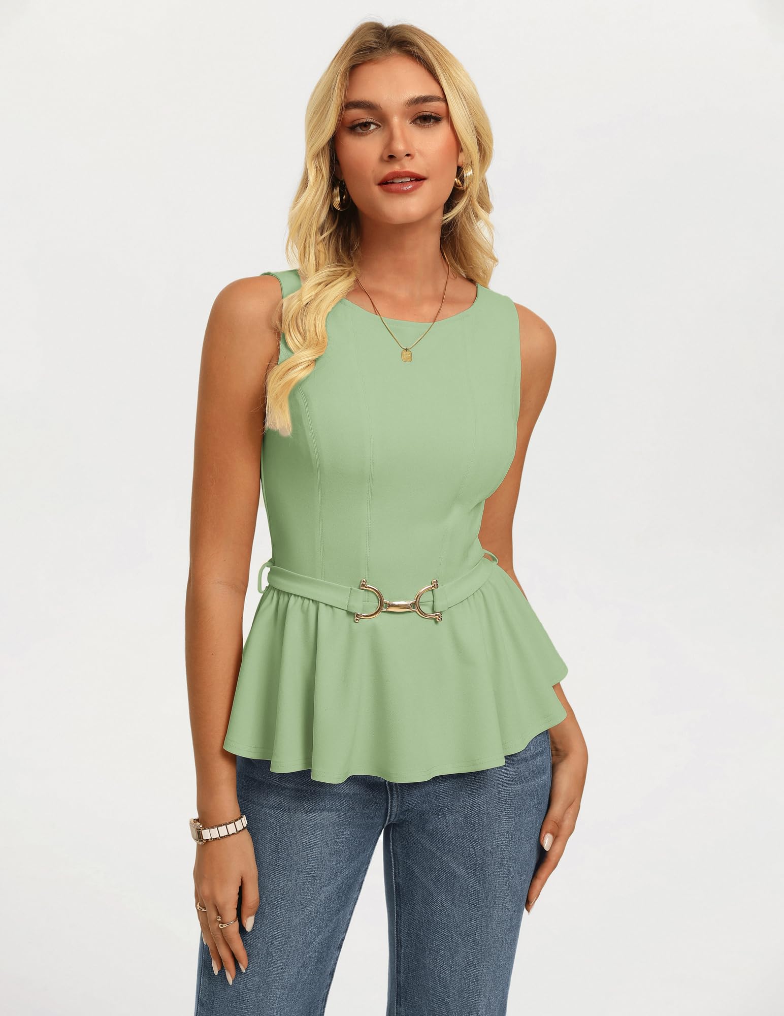GRACE KARIN Camicetta da donna senza maniche, elegante, per il lavoro, estiva, con cintura, slim fit