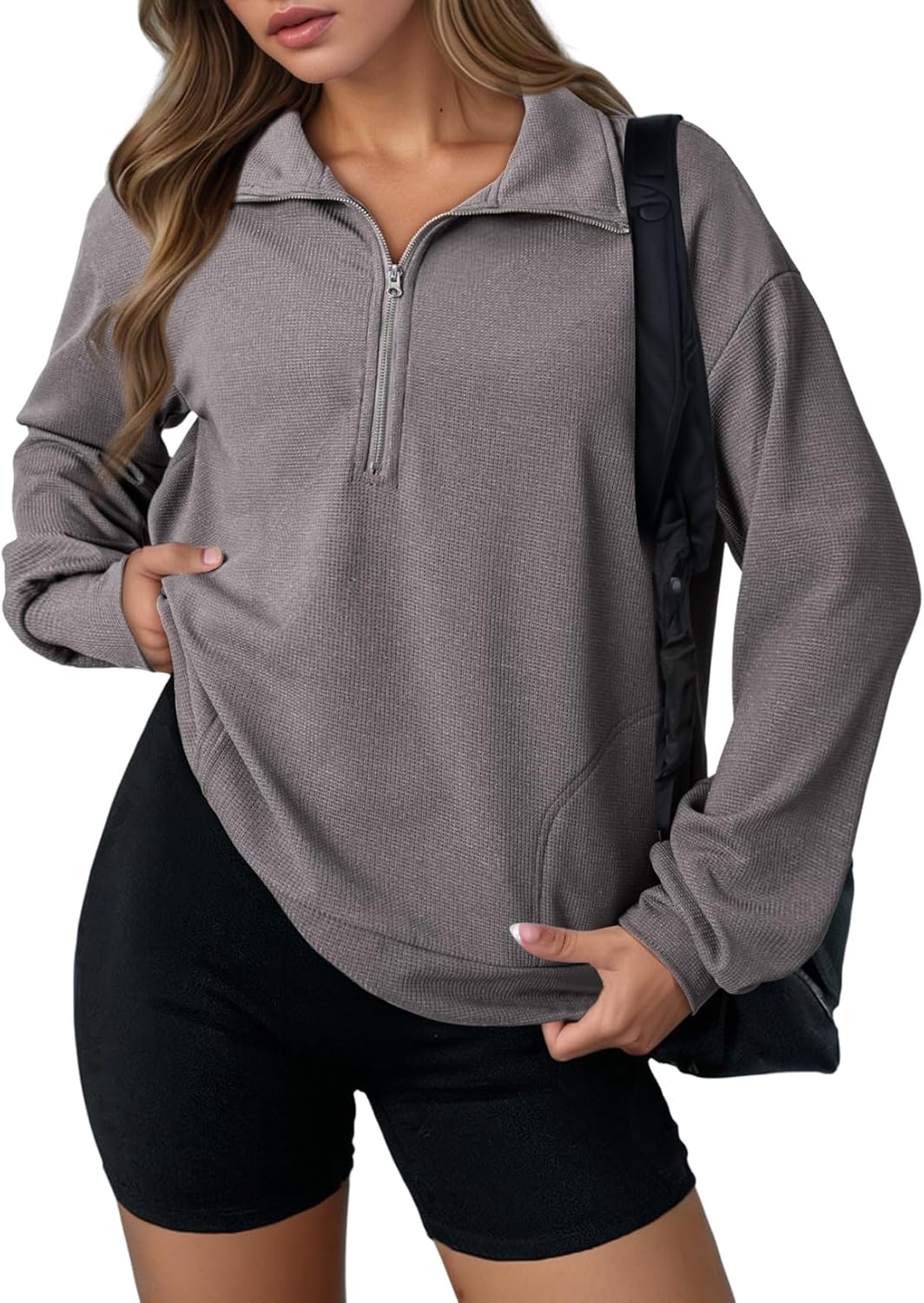 Dokotoo Womens Sweatshirt Waffle Knit Long Sleeve Lapel Half Zip Up Casual Lightweight Soft Sweatshirts Loose Pullover Tops