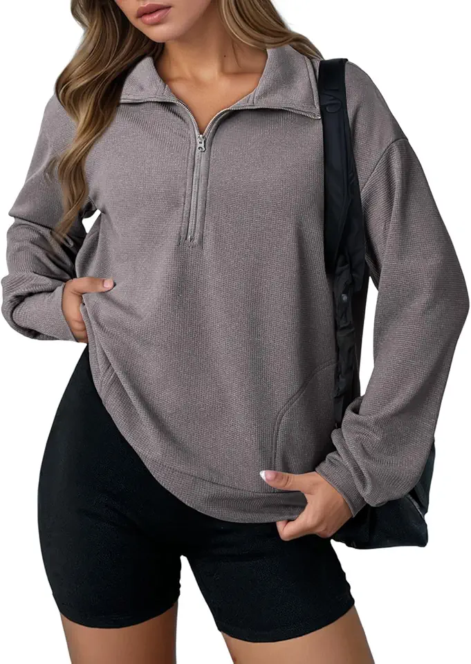 Dokotoo Womens Sweatshirt Waffle Knit Long Sleeve Lapel Half Zip Up Casual Lightweight Soft Sweatshirts Loose Pullover Tops