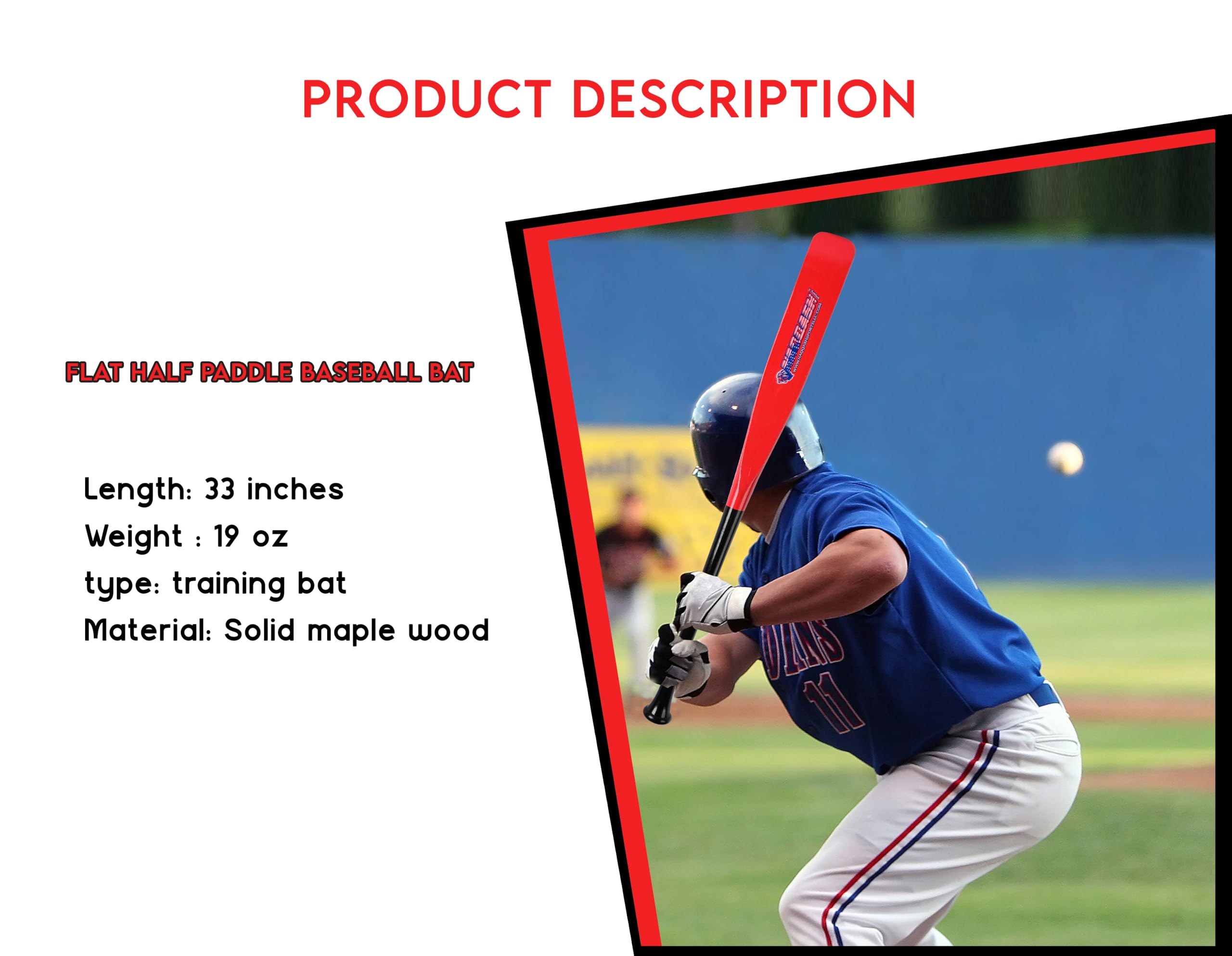 Mazza da baseball piatta in legno d'acero, per giocatori professionisti, giovani-adulti, misura 83,8 cm/850,5 g