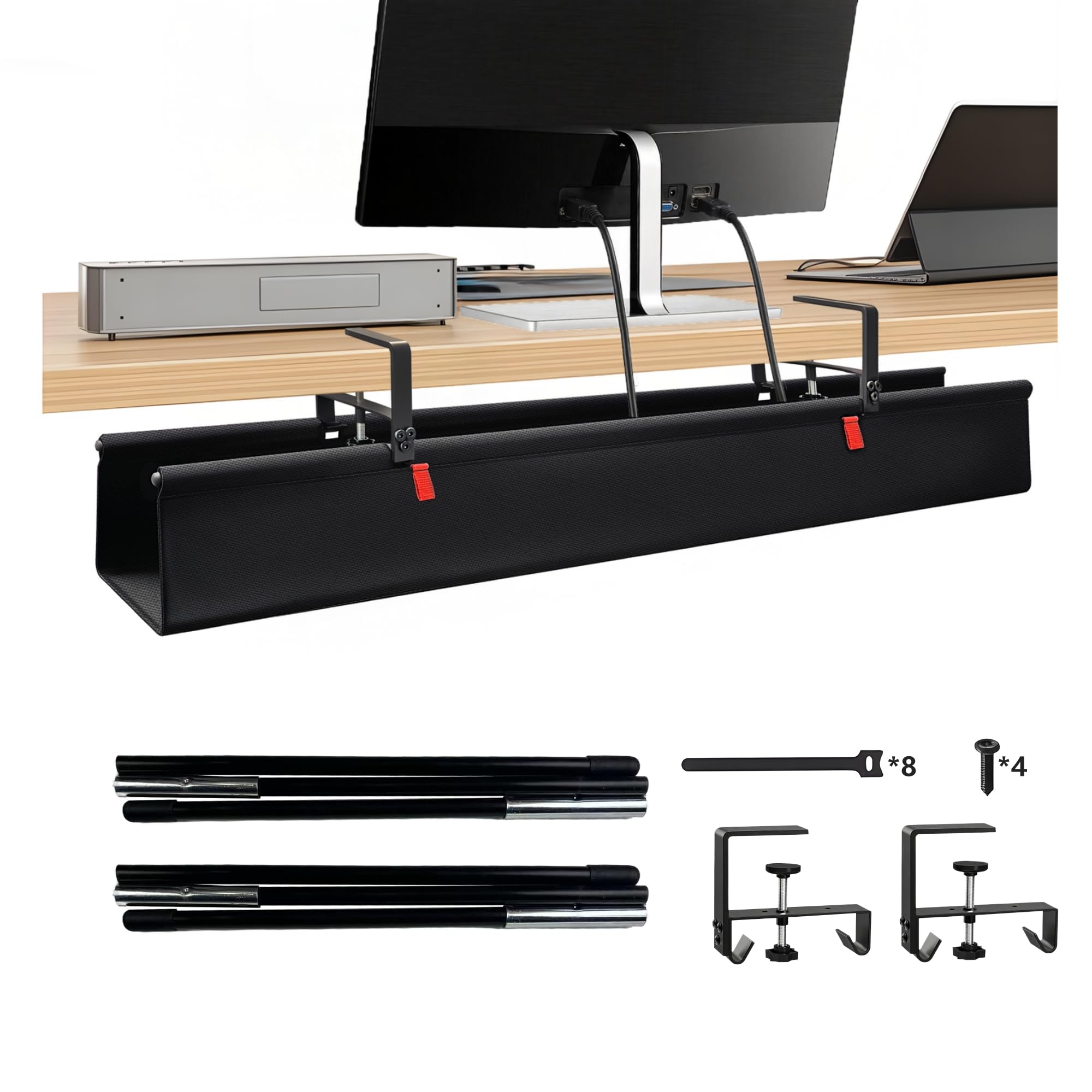 Treibo Canaleta para cables de escritorio sin taladrar, gestión de cables de 122 cm debajo del escritorio, doble tela Oxford 600D, organizador de cables, montaje con abrazaderas/tornillos, bandeja