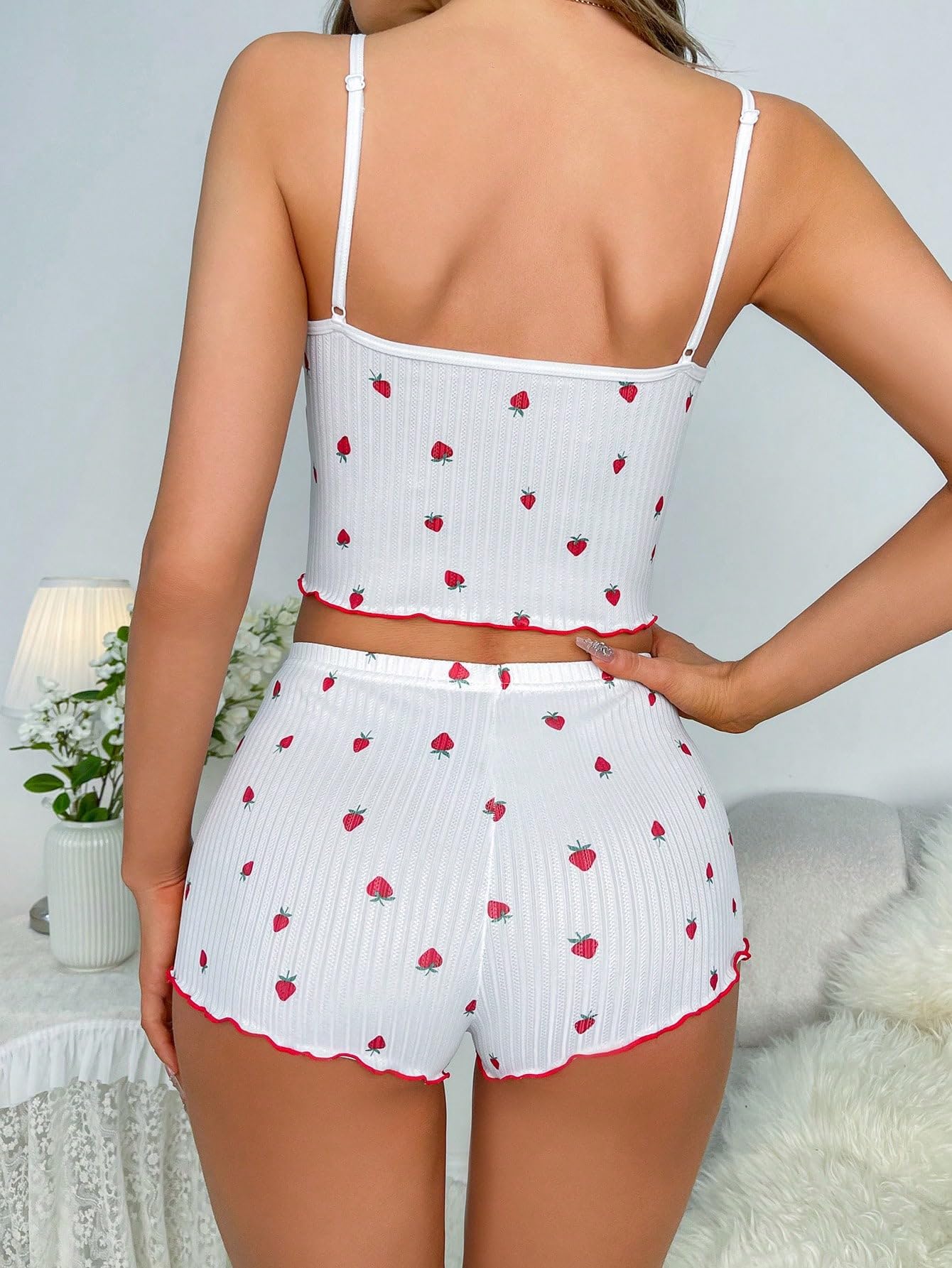 SOLY HUX Women's Pajama Set Strawberry Print Lace Trim Cami Top and Shorts Lounge Sets Sleepwear: X-Large White Strawberry