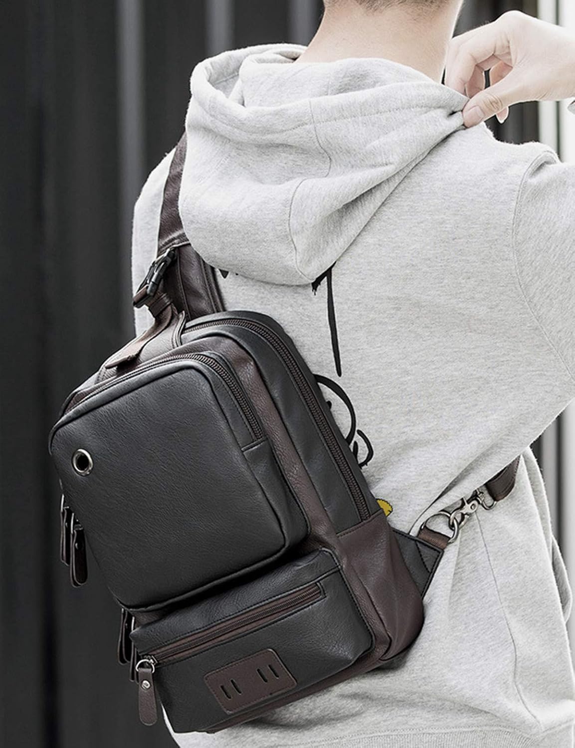 Men's Leather Sling Bag Chest CrossBody Bag Casual Backpack for 11 Inch Ipad Pro