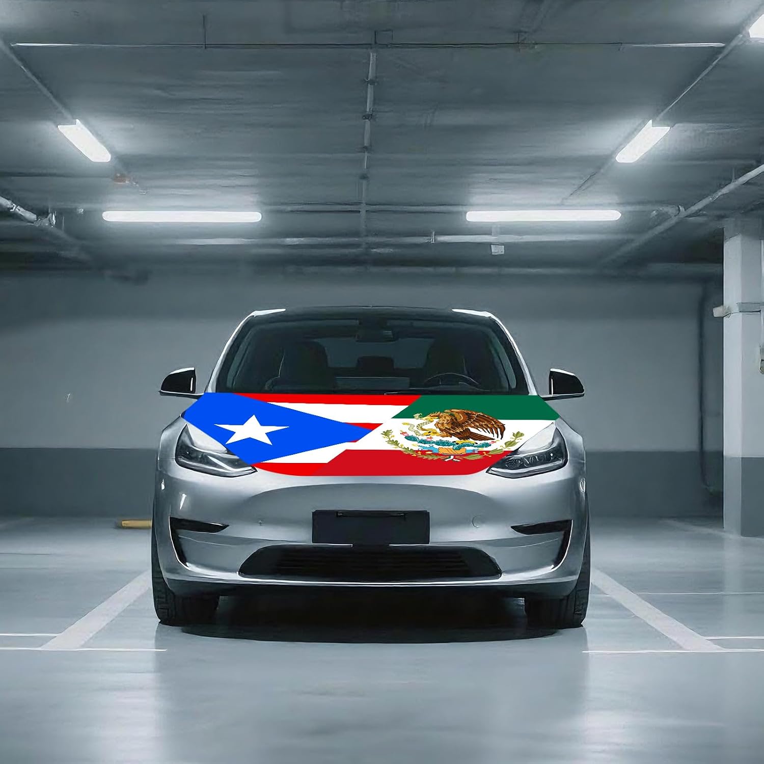 Puerto Rico Mexico Flag Car Hood Cover, Elastic Polyester, Universal Fit, 3.5x5 Ft, Stretchable Automotive Bonnet Banner
