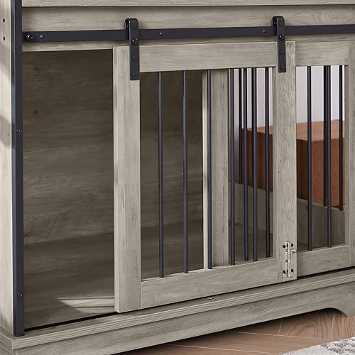 Miniatura 4 de IchbinGo Muebles de jaula para perros con puerta corrediza de granero, mesa auxiliar de madera de 35 pulgadas con cajón y almacenamiento, casa