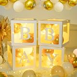 Pudełko na balony na baby shower, 71 szt., dla chłopca i dziewczynki, 4 przezroczyste pudełka z balonami, blok z 33 literami, ONE+BABY + A-Z, 30 balonów imprezowych (biały piasek i złoty) na baby