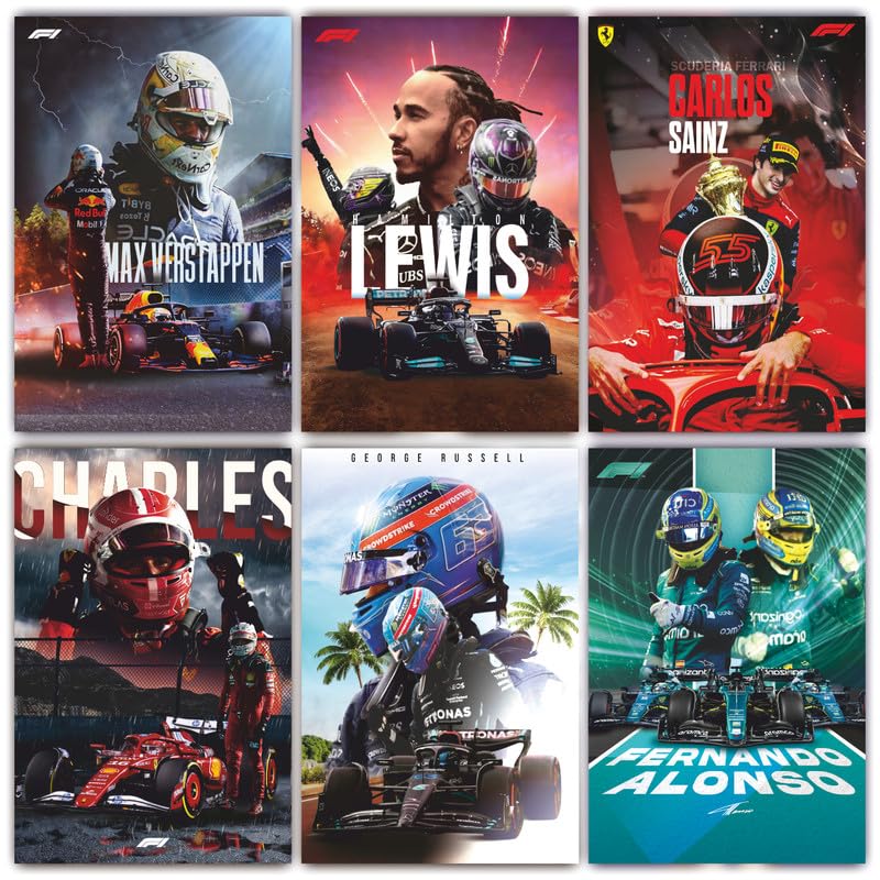 Image of POSTERONN Formula One F1 Wall Posters Pack of 6 A4 8x12 Inch | Premium Racing Car Prints | Motorsport Wall Art for Bedroom Living Room Office Gaming Room | Includes Glue Dots Decor