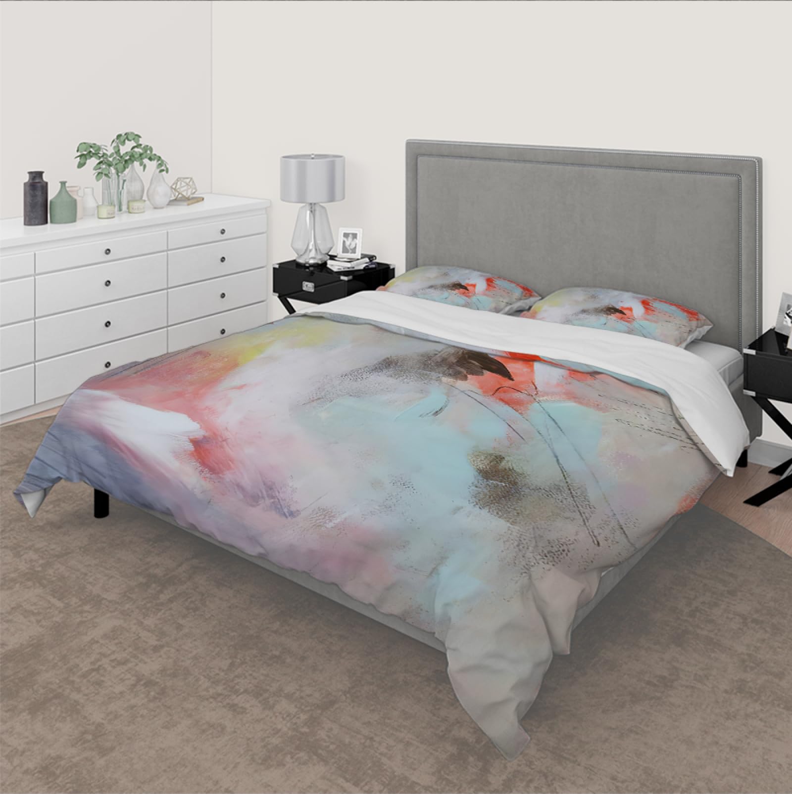 Set de Lujo Funda de Edredón 3 Piezas Estilo de Tinta de Impresión 3D Textura Ligera Ultra Suave Juego de Ropa de Cama de Dormitorio con 2 Almohadas Shams 4 Lazos Cremallera 160 x 200 cm