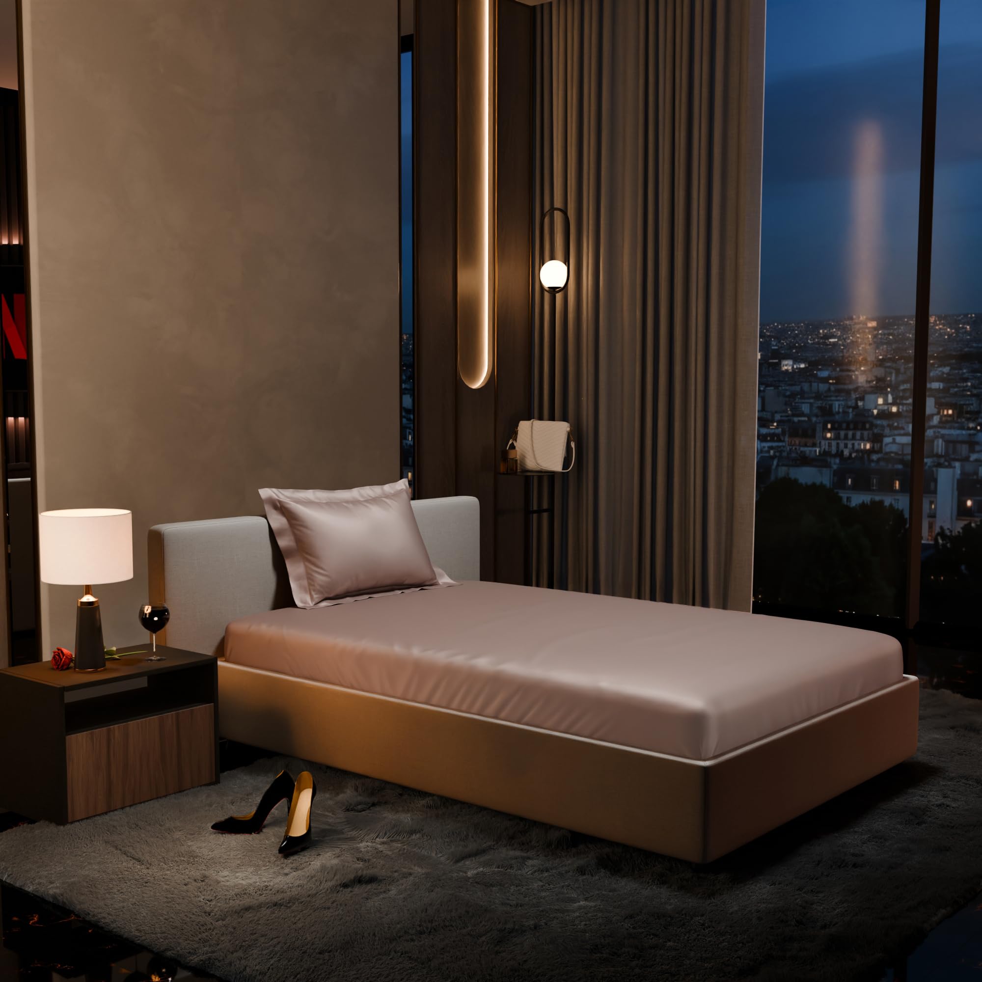 Stoa Paris 300TC UltraSatin Single Bedsheet Set, 10” Drop Fitted Bedsheet with 1 Pillow Cover, Hypoallergenic, Wrinkle Free, Aesthetic Bedding, Home Decor, Gift, Date Night - Champagne