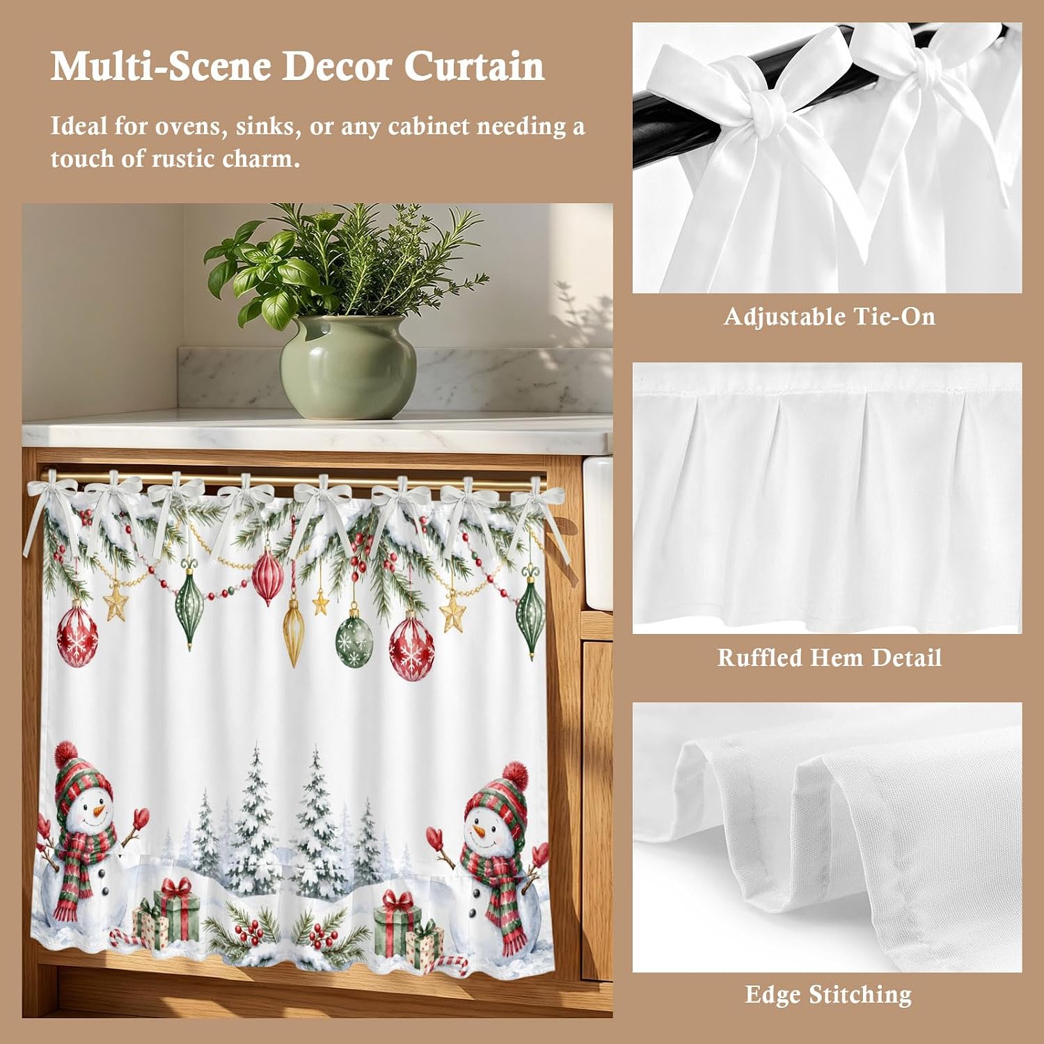 Christmas Snowman Oven Curtain with Tie Top, Winter Snowy Pine Tree Baubles Gifts Rustic Oven Skirt Curtains with Tie Top Cabinet Cover Curtain for Small Kitchen Apartment Decor 27 x 20 Inches image 2