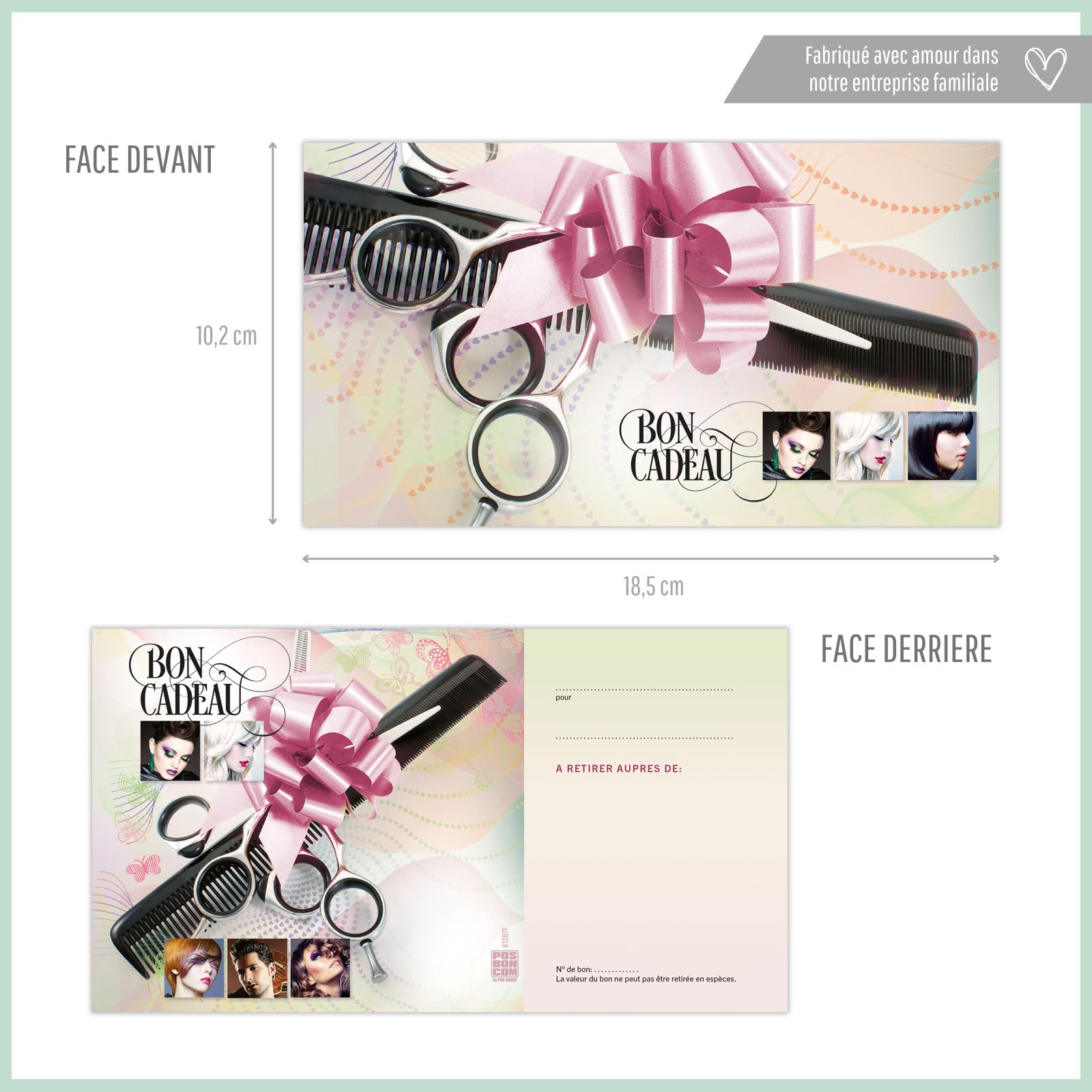 POS BON - 100 bons cadeaux à remplir avec enveloppe/nœud ruban - formulaires imprimés pour des salons de coiffure K1267F2-100-V1