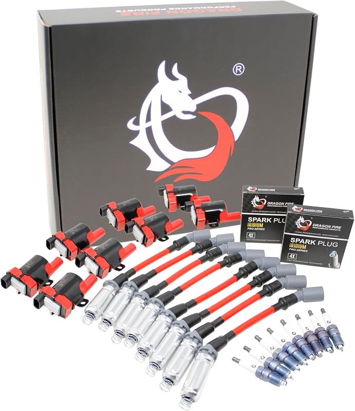 Kit de ignição Dragon Fire Performance com bobinas redondas, velas de irídio e cabos 10 mm para GM V8 4.8L 5.3L 6.0L – Kit-1001