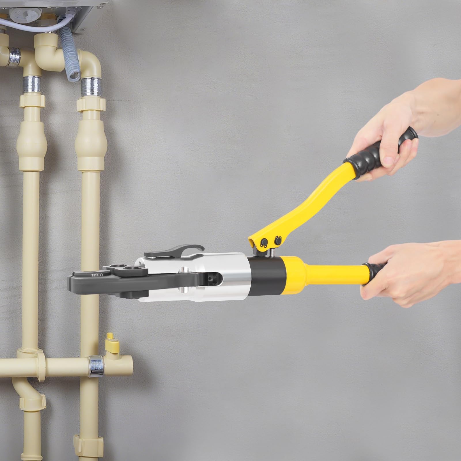 Pinza crimpatrice idraulica compatta, pinza crimpatrice idraulica, con testa girevole a 360° per spazi ristretti, strumento di pressatura ergonomico con manici antiscivolo (giallo)