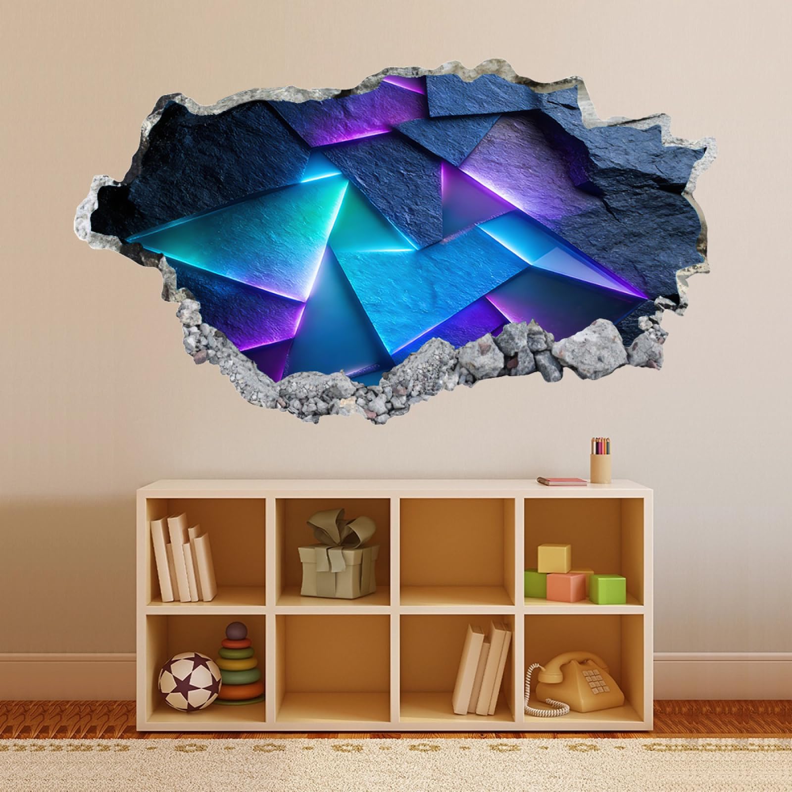 Vinilos Decorativos 3D Rotos Azul Geométrico Tatuaje de pared vinilo extraíble decoración del hogar Calcomanías impermeables para Guardería Habitación Decoración de pared 60x105cm