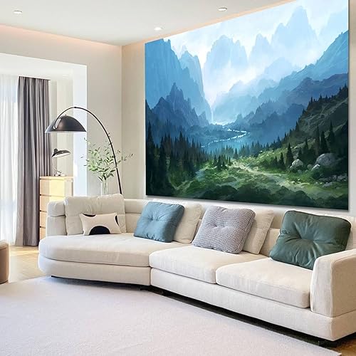 Miniatura 10 de Tapiz de bosque con montañas brumosas, tapiz de pared para dormitorio, estético, paisaje de árbol natural, telón de fondo para decoración de sala de