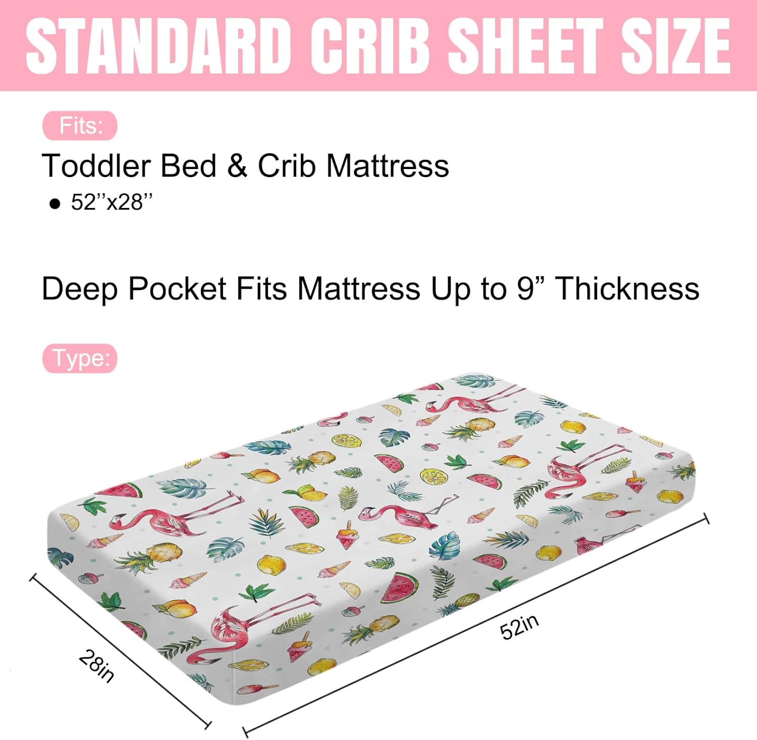 Watercolor Summer Flamingo Baby Crib Sheets 52''x28'' Lemon Pineapple Watermelon Tropical Leaves Snug Fitted Crib Mattress Sheet for Boy Girl Soft Nursery Bed Sheets for Standard Crib Toddler Mattress