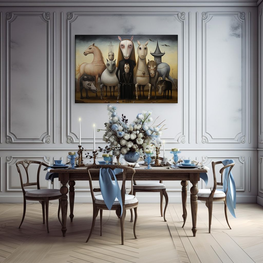 Canvas for Living Room. Mystery in Desolation: The Surreal Dance of Figure and Horses Under a Brooding Sky, 27 x 18 inch Canvas Wall Art - Contemporary Masterpieces - Nature Home Decor