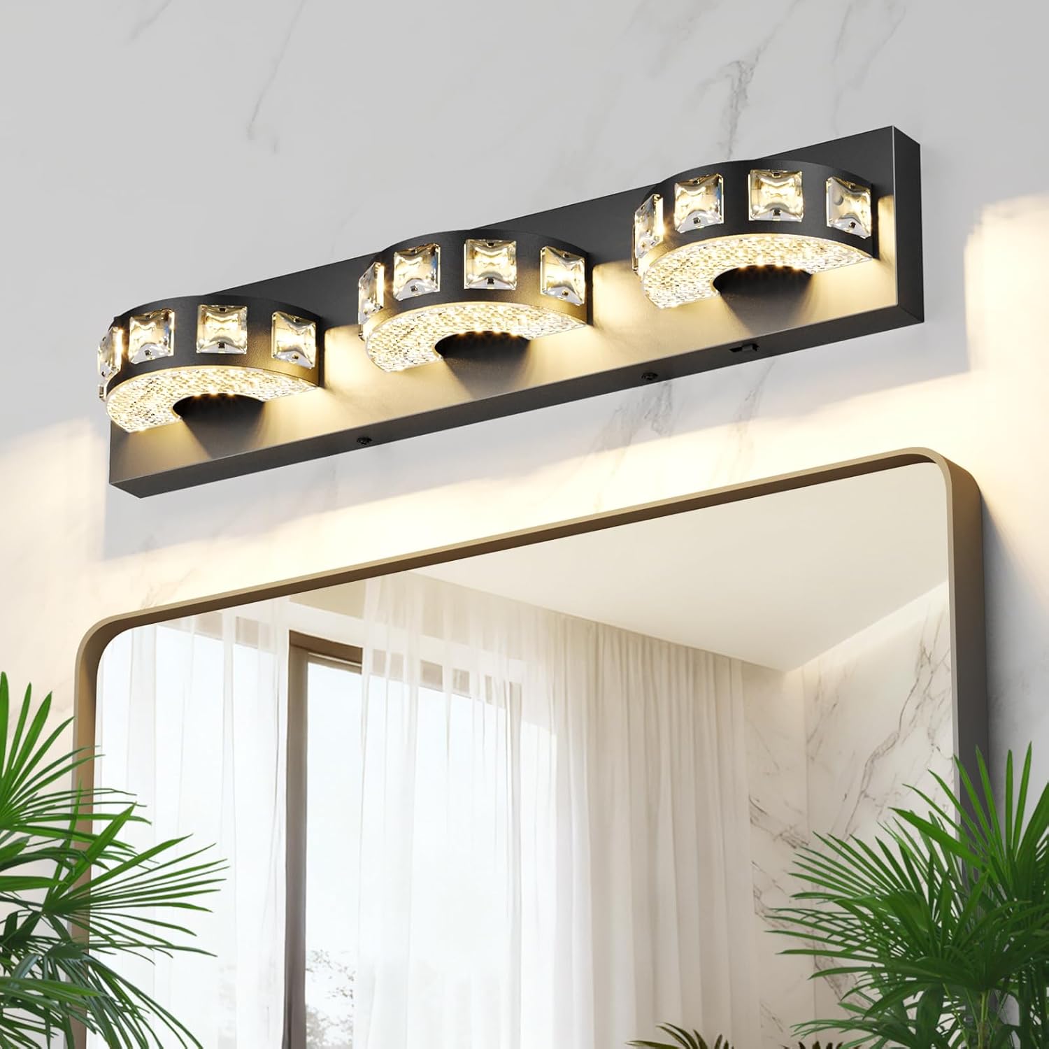 Modern Bathroom Vanity Lights 21.6inch 24W 5 Color Temperature Black Vanity Light (3-Light,Dimmable) Crystal Bathroom Light Fixtures for Bathroom Mirror Restroom