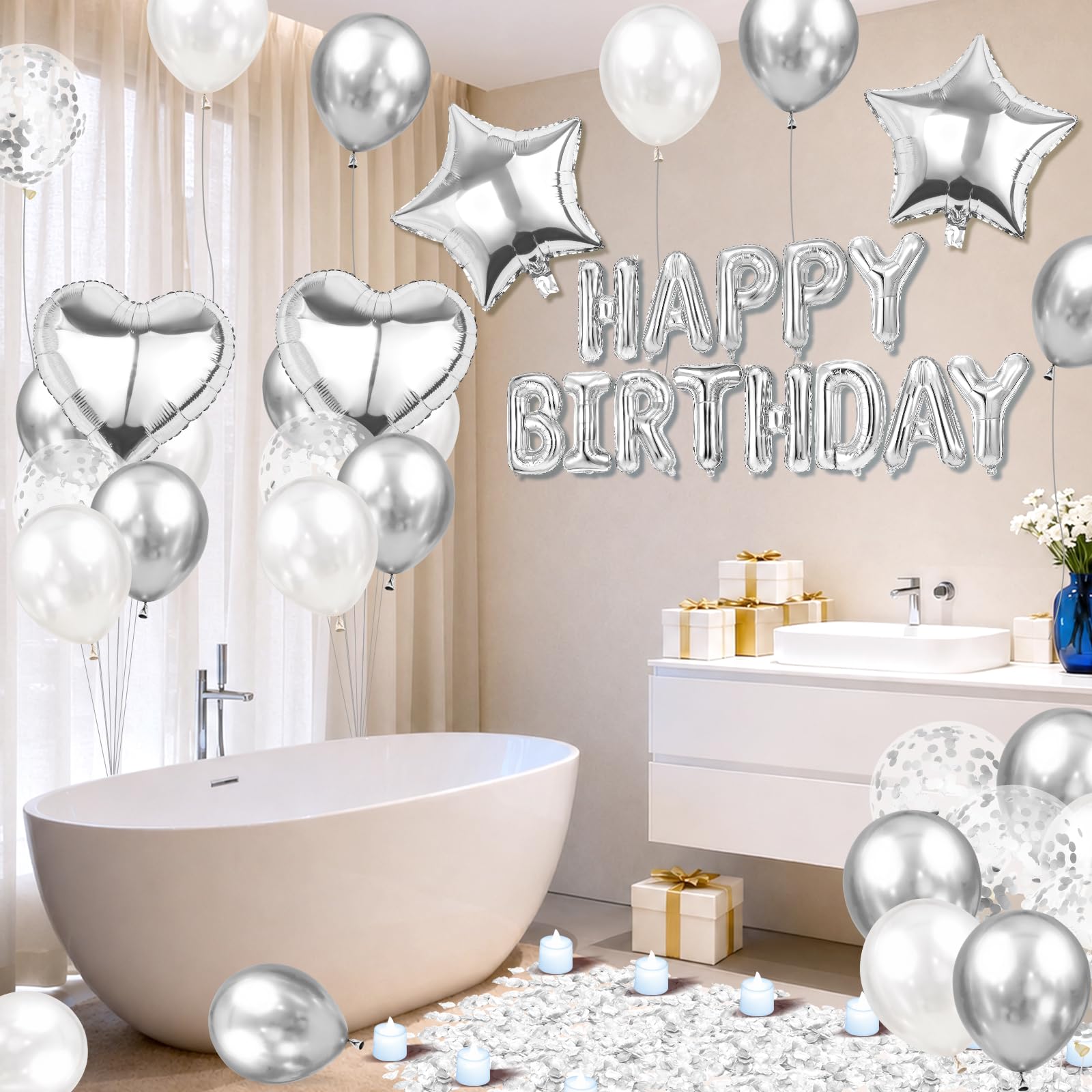 Globos plateados de feliz cumpleaños, decoración de globos de cumpleaños blancos y plateados con 6 globos de estrella, 400 pétalos de rosa artificiales, 24 velas LED sin llama para decoración de