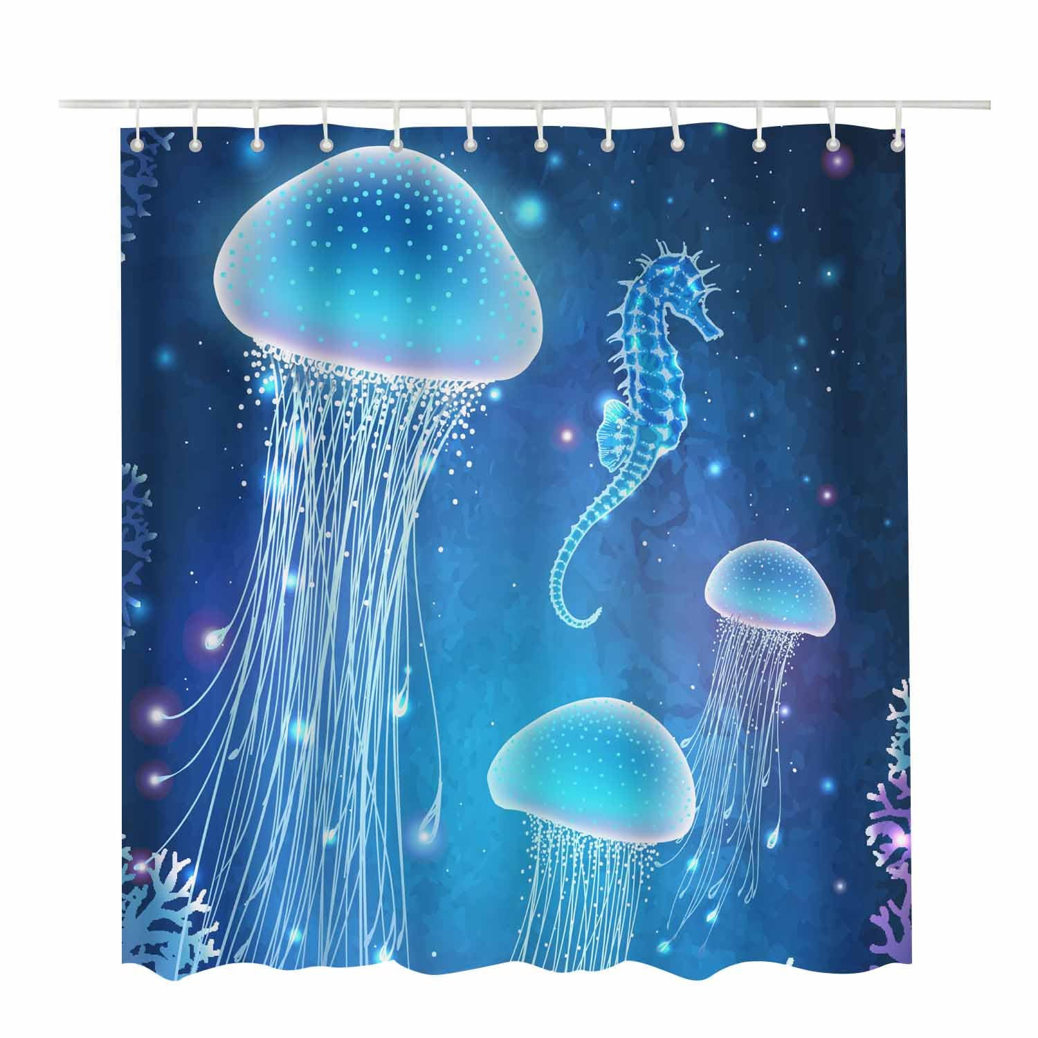 Woutay Shower Curtain Water Repellant Fabric Luminous Jellyfish and Seahorses,Mould Proof Resistant,Polyester,Size 180x180CM - Image 2