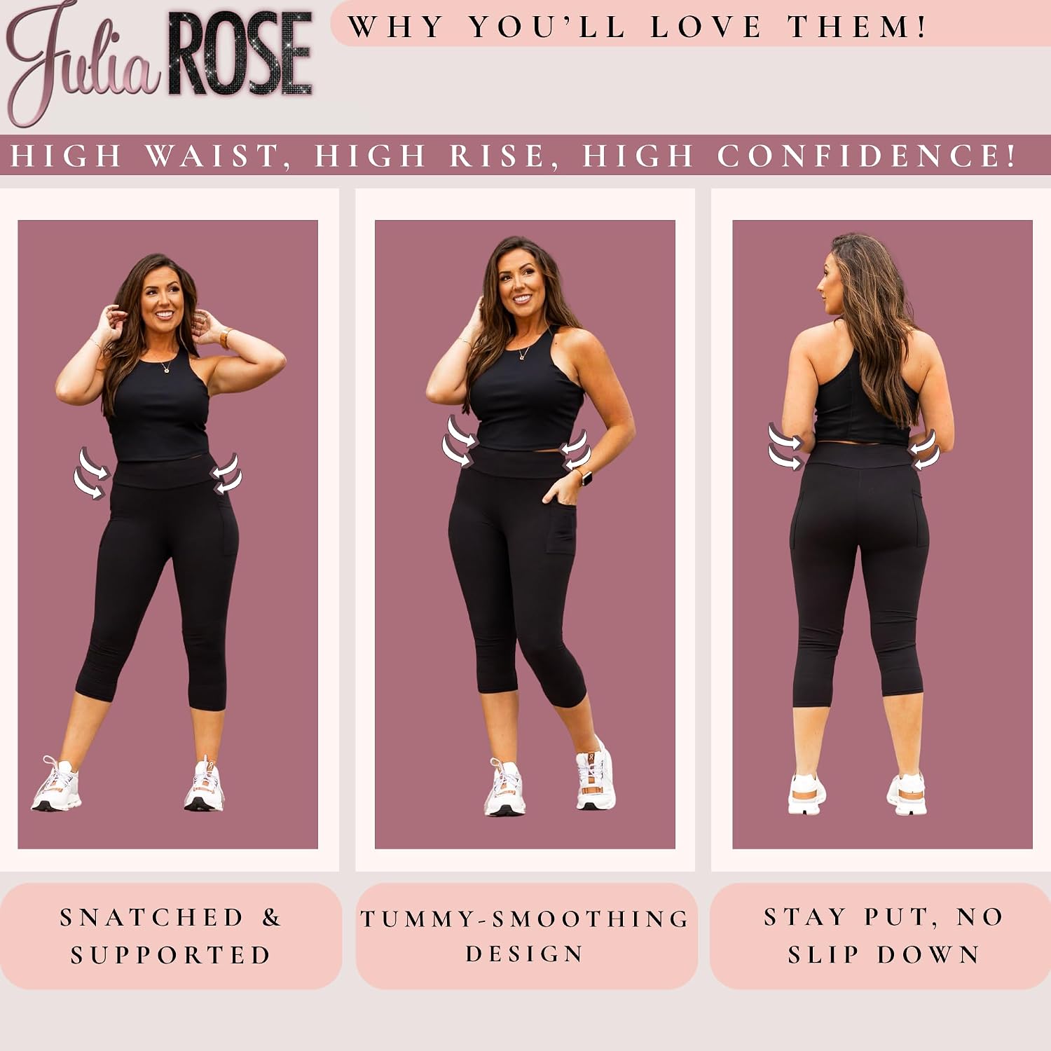 JULIA ROSE Luxe High-Waisted Leggings with Pockets for Women - Buttery Soft Tummy Control Leggings for Women