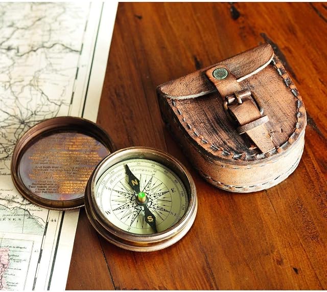 Wind & Weather Antiqued Brass Poem Compass With Leather Case