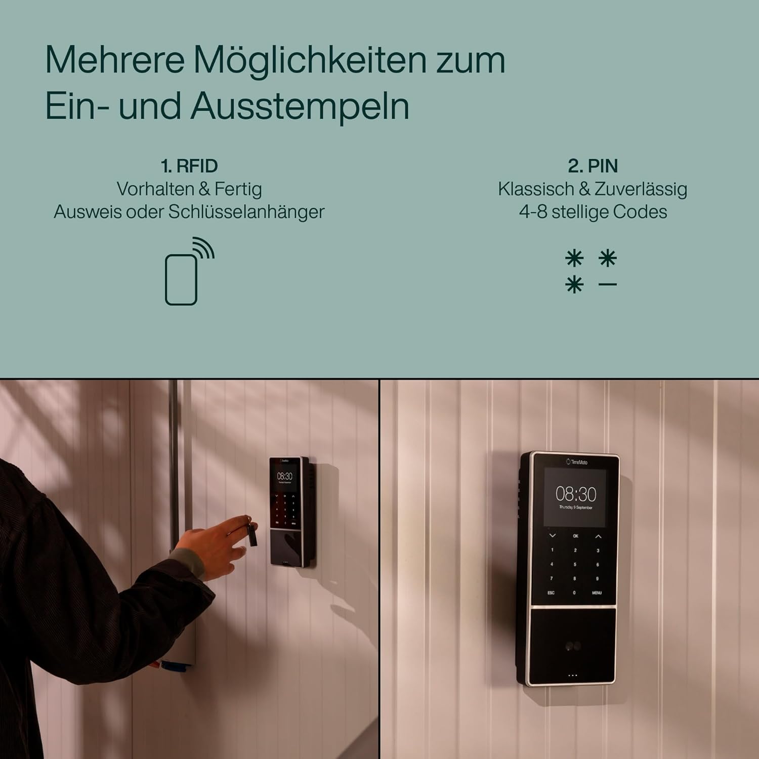 Diagram showing RFID and PIN clock-in options for the TimeMoto TM-838 SC