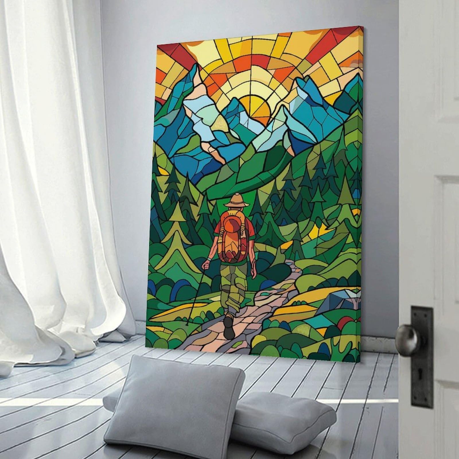 Junmoney Mountain Stained Glass Canvas Wall Decor, 16x24inch(40x60cm), for New Homes, Bedrooms Or Workspaces, Gift Idea for Housewarming And Birthdays