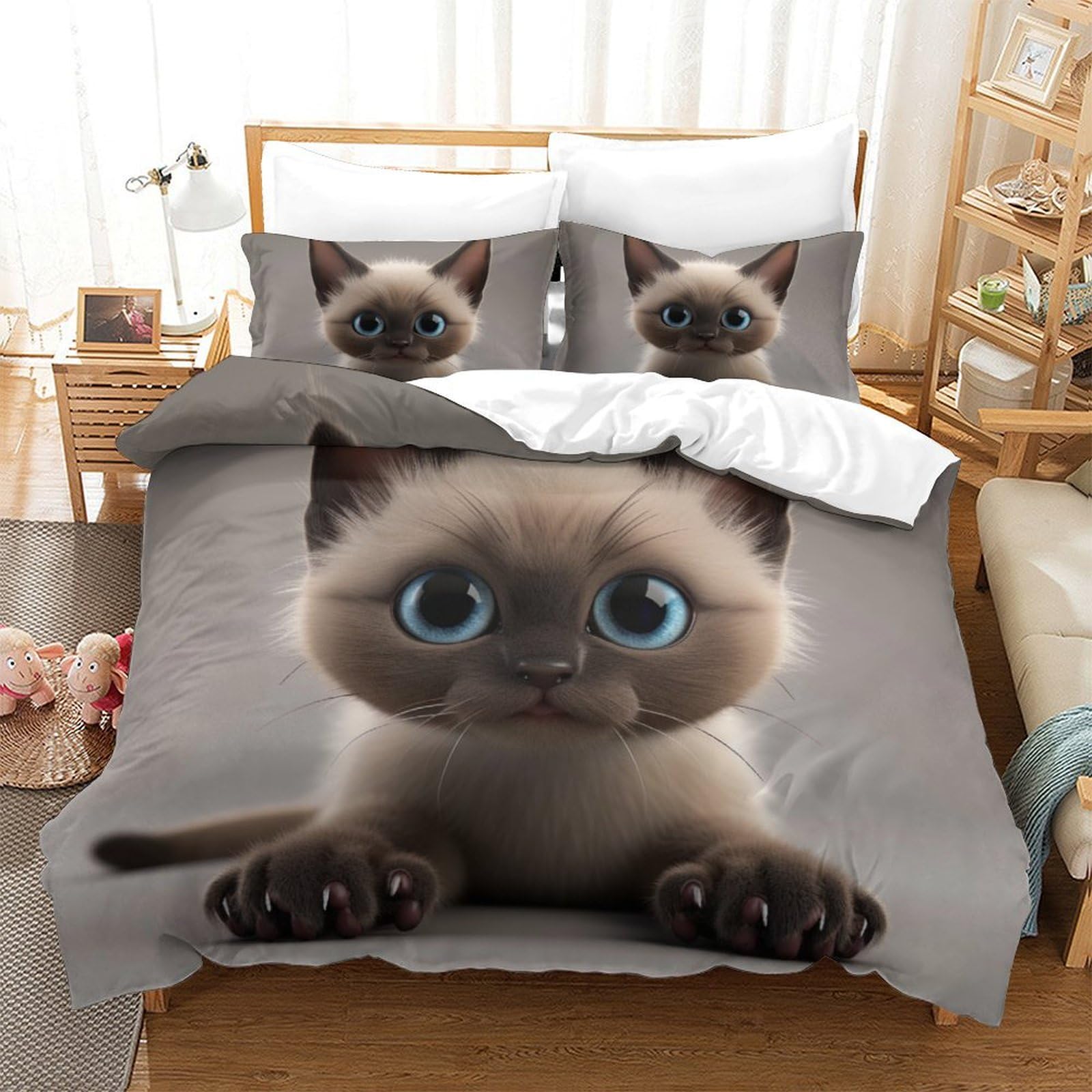 Housse de couette chat 3D Super King 260x220 en microfibre douce et respirante avec ses taies