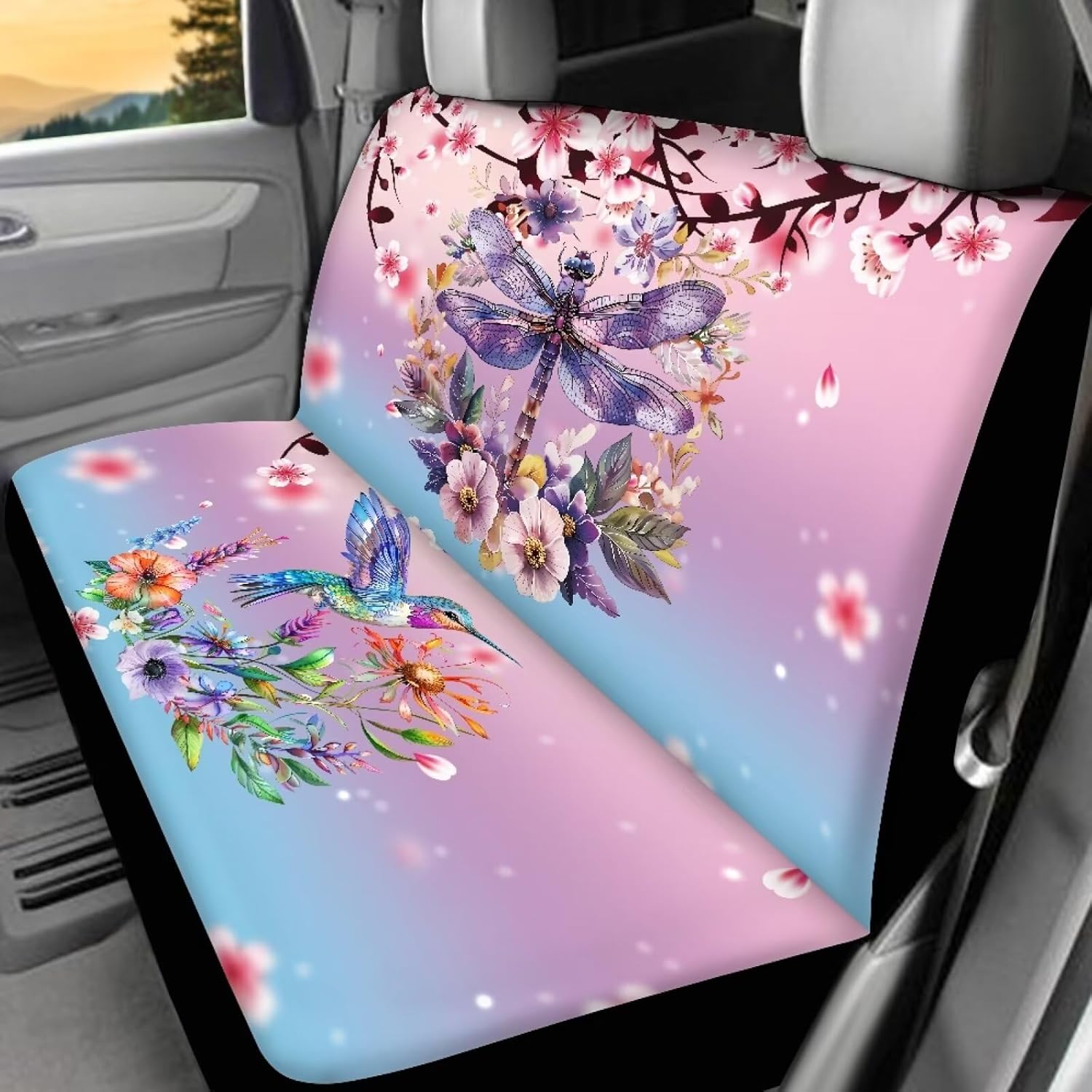 BIGCARJOB 13 Pack Hummingbird Flower Car Seat Cover Full Set for Auto Interior Seat Accessories Set,Cherry Bird Printed Auto Front Rear Seat Protector,Armrest Pads,Chapstick Keyring,Seat Belt Pads