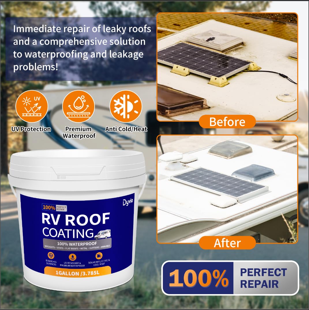 Liquid Rubber Waterproof Solar Reflective RV Roof Coating - White RV Roof Sealant with Wooden Brush, Work Gloves & Repair Tape for Campers, Trailers, Motorhomes, Metal Buildings - 1 Gallon