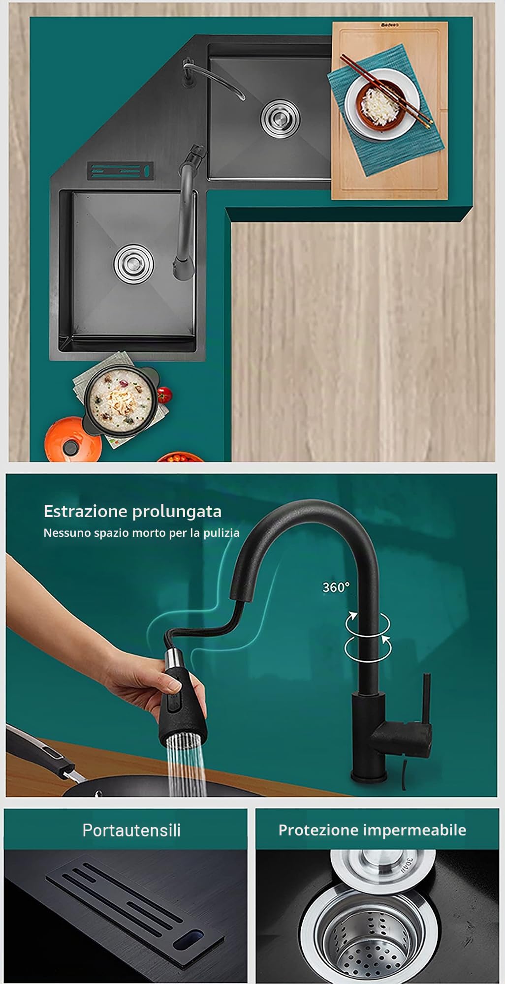 Lavello da Cucina ad Angolo Nano, Lavastoviglie a Doppio Lavello, Forma a L ad Angolo Ispessito, Lavello Multifunzionale con Portacoltelli