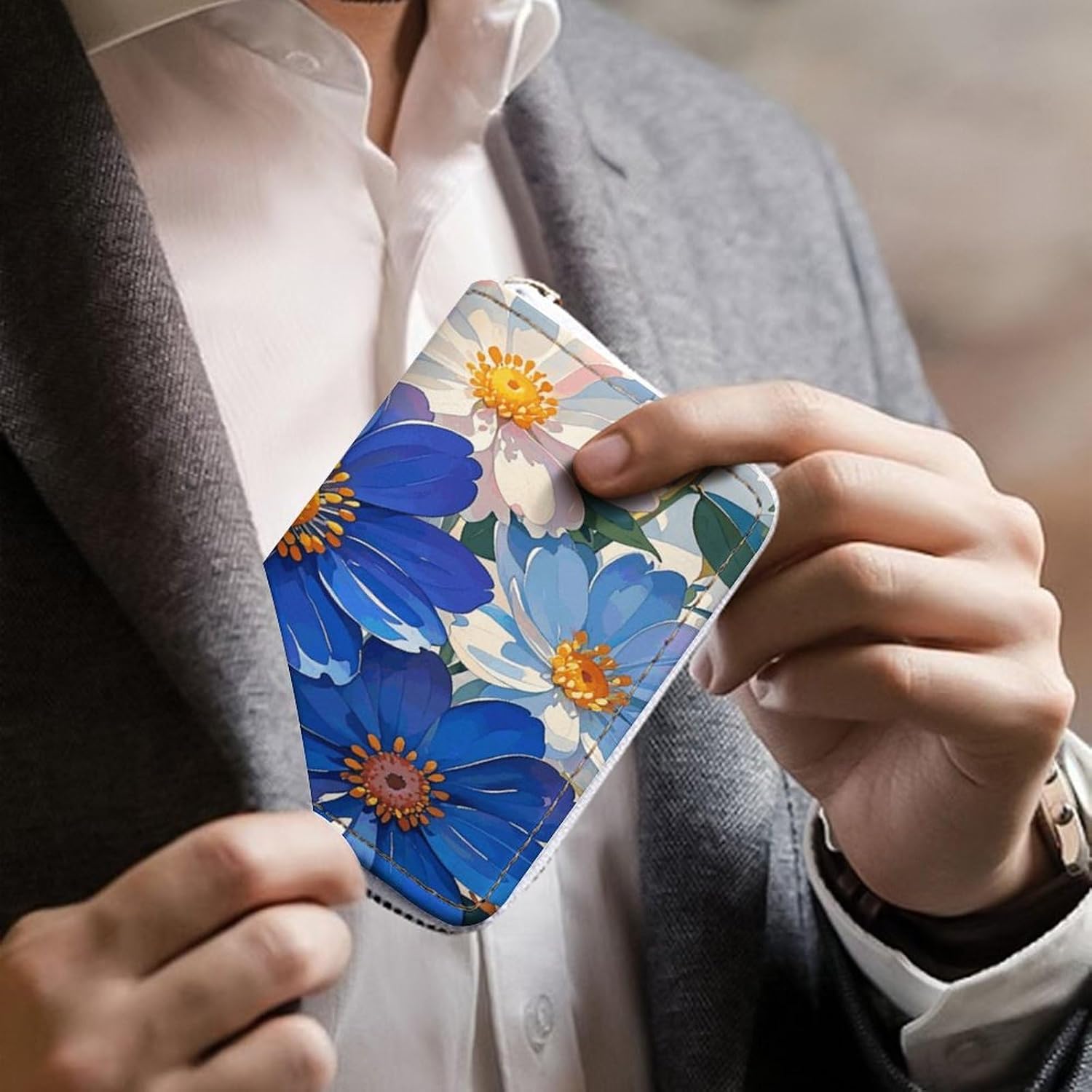 Leather Card Organizer Case Card Wallet Credit Card Holder Bright Watercolor Flowers Printed Zipper Card Cases Holder for Women Men